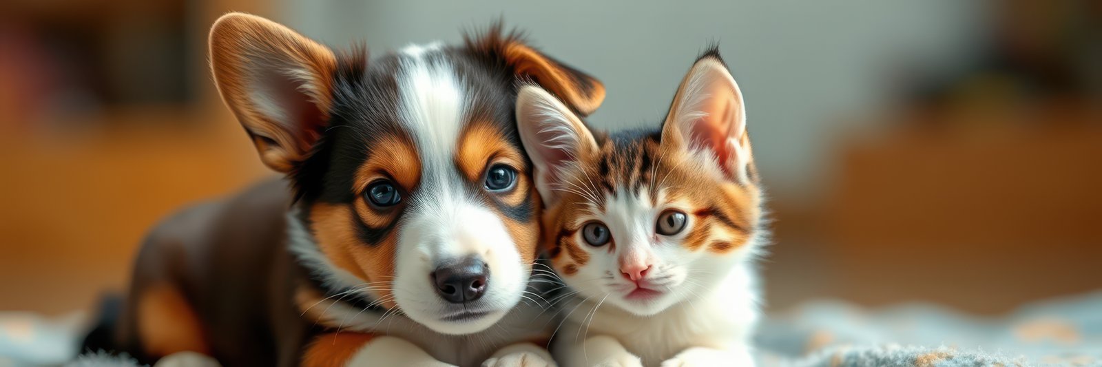 Close companionship of a puppy and a kitten on a cozy blanket in a warm indoor setting